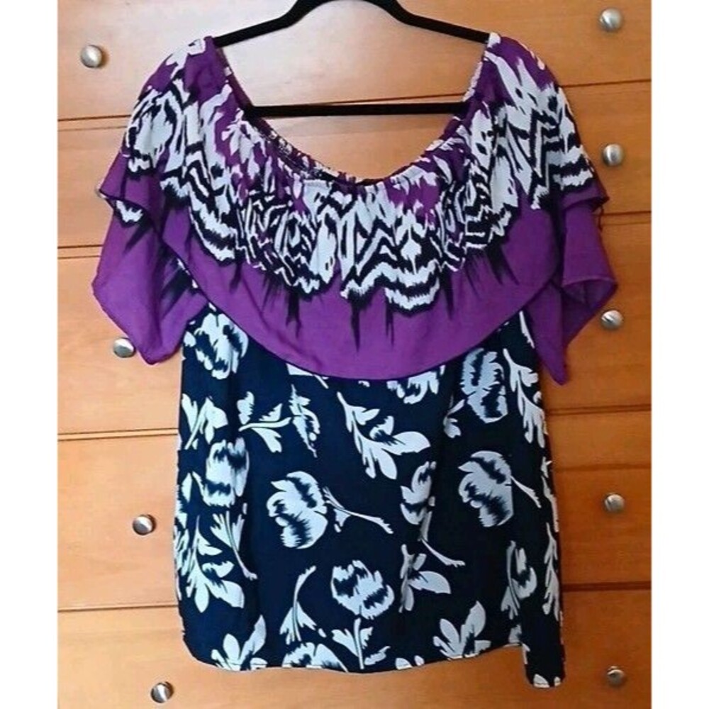 Ashley Stewart Womens 14/16 Floral Ruffle Short Slv Purple Navy Blouse Top